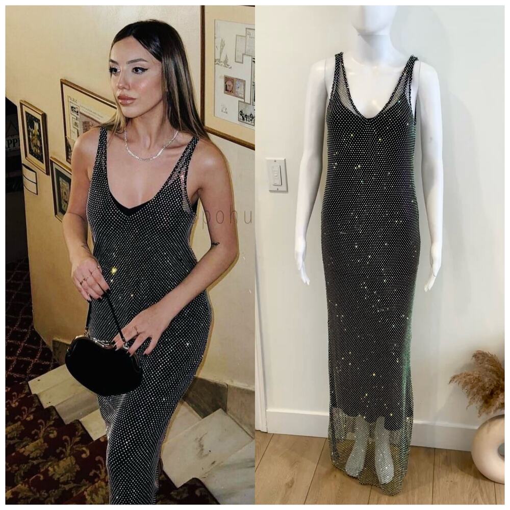 ZARA RHINESTONE MESH DRESS SPARKLY BLACK MULTI CHROME 2142/290